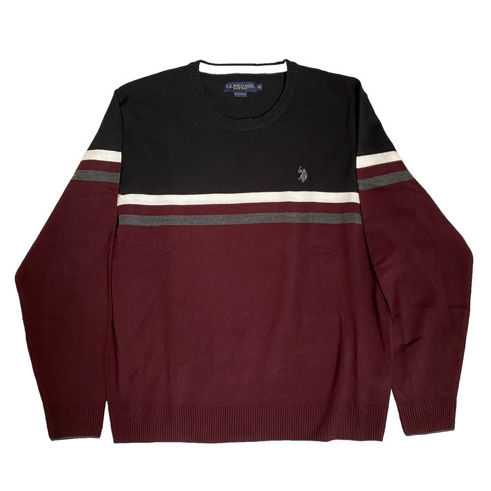 U.S. Polo Assn V-Neck Sweater Size‎ XL Black Burgundy Striped Pony Embroidered